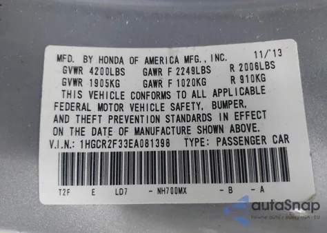 2014 Honda Accord Lx from USA, damaged, VIN 1HGCR2F33EA081398
